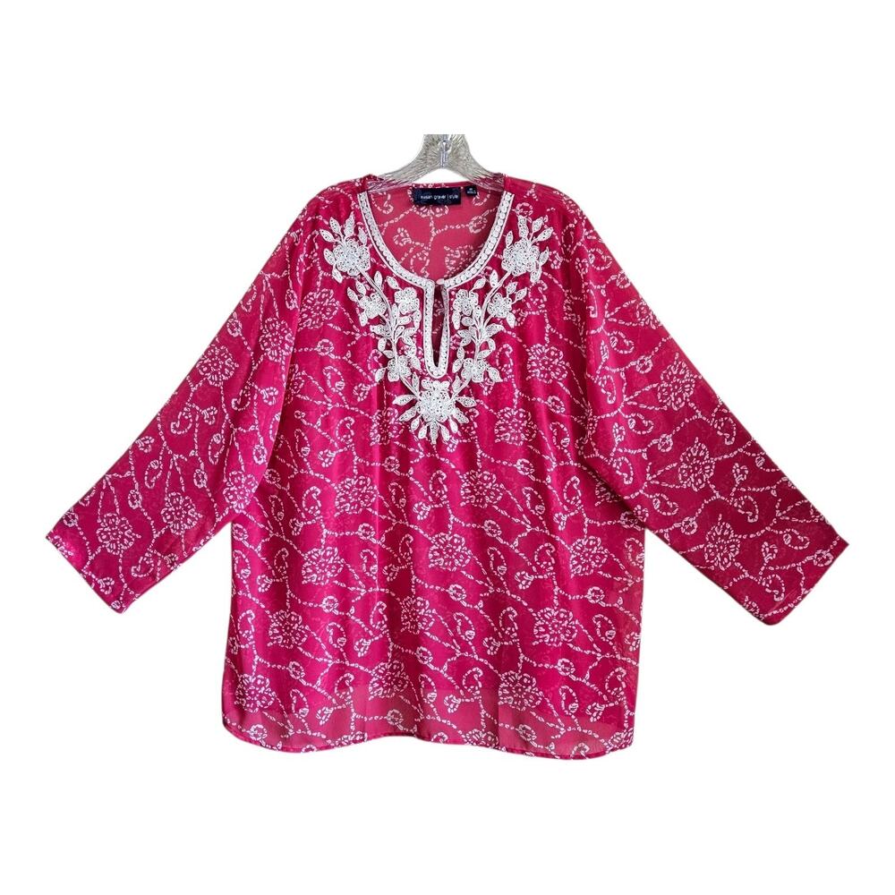 SUSAN GRAVER Plus 2X Tunic Top Sheer Embroidered Pink White Floral 3/4 Slv 52"